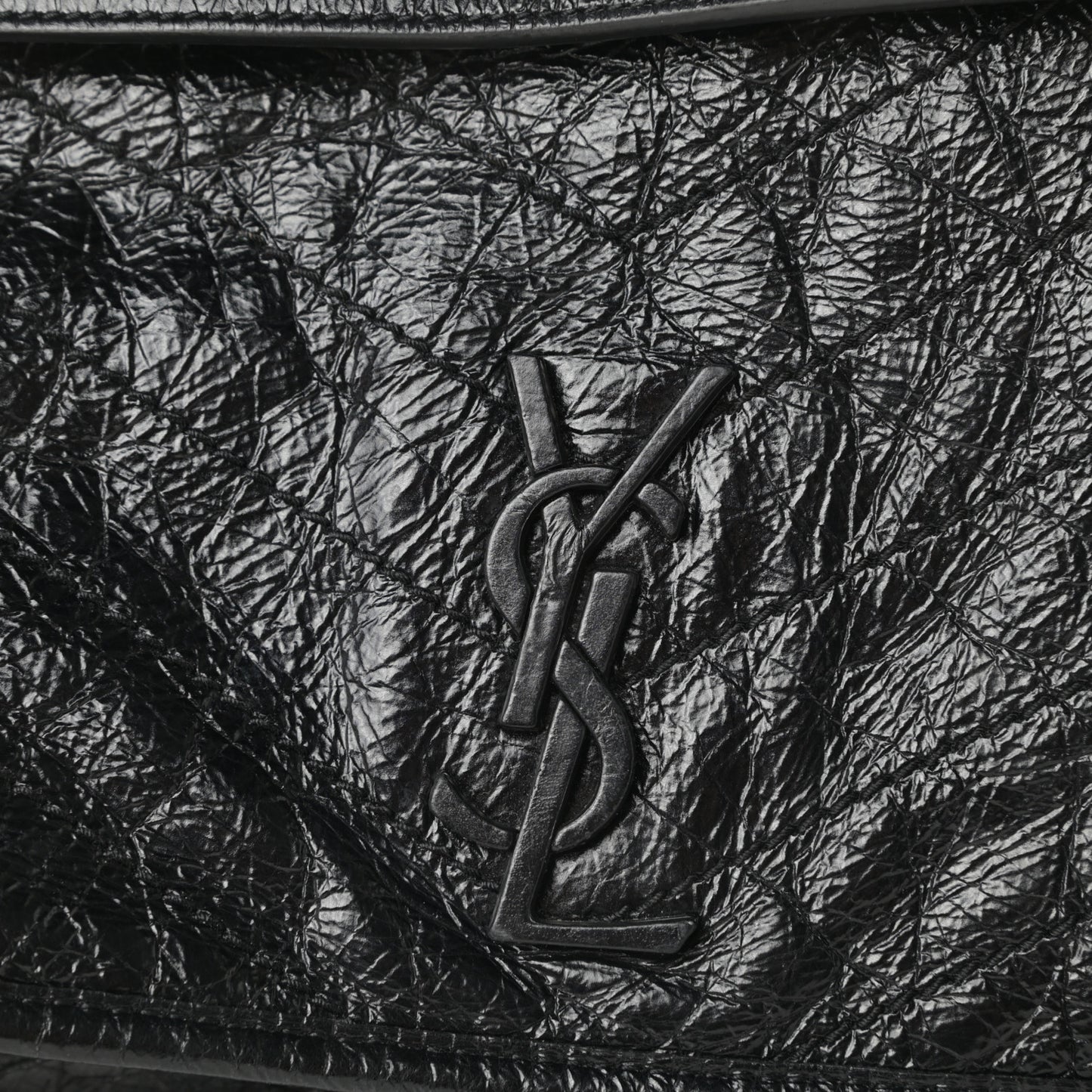 Crinkled Calfskin Matelasse Monogram Large Niki Chain Satchel Black
