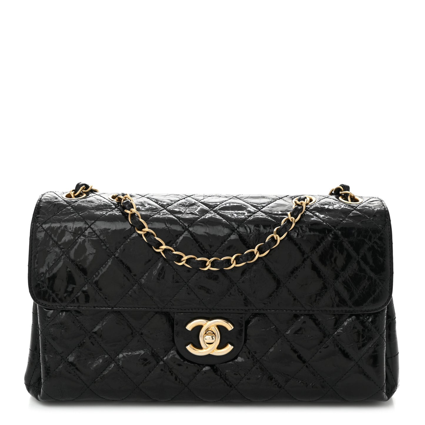 Glazed Crinkled Calfskin Quilted Flap Black