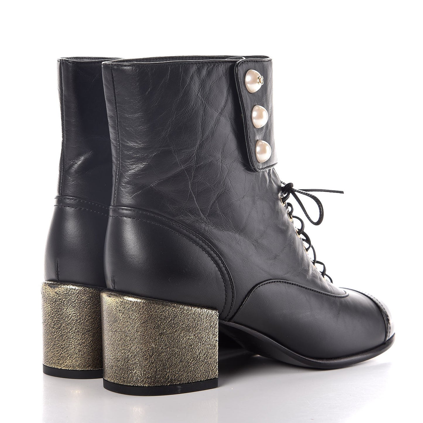 Calfskin Patent Pearl Short Boots 37.5 Black Gold