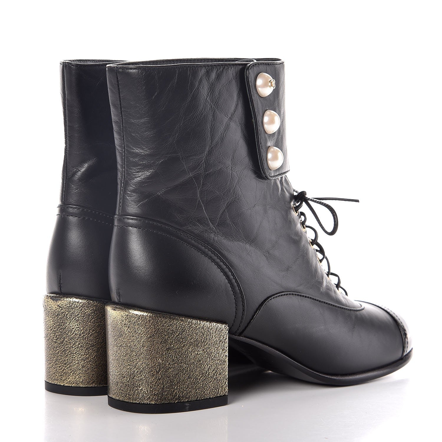 Chanel Calfskin Patent Pearl Short Boots 37.5 Black Gold 3 of 9