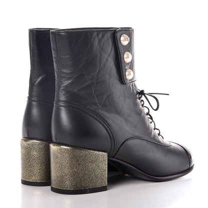 Chanel Calfskin Patent Pearl Short Boots 37.5 Black Gold 3 of 9