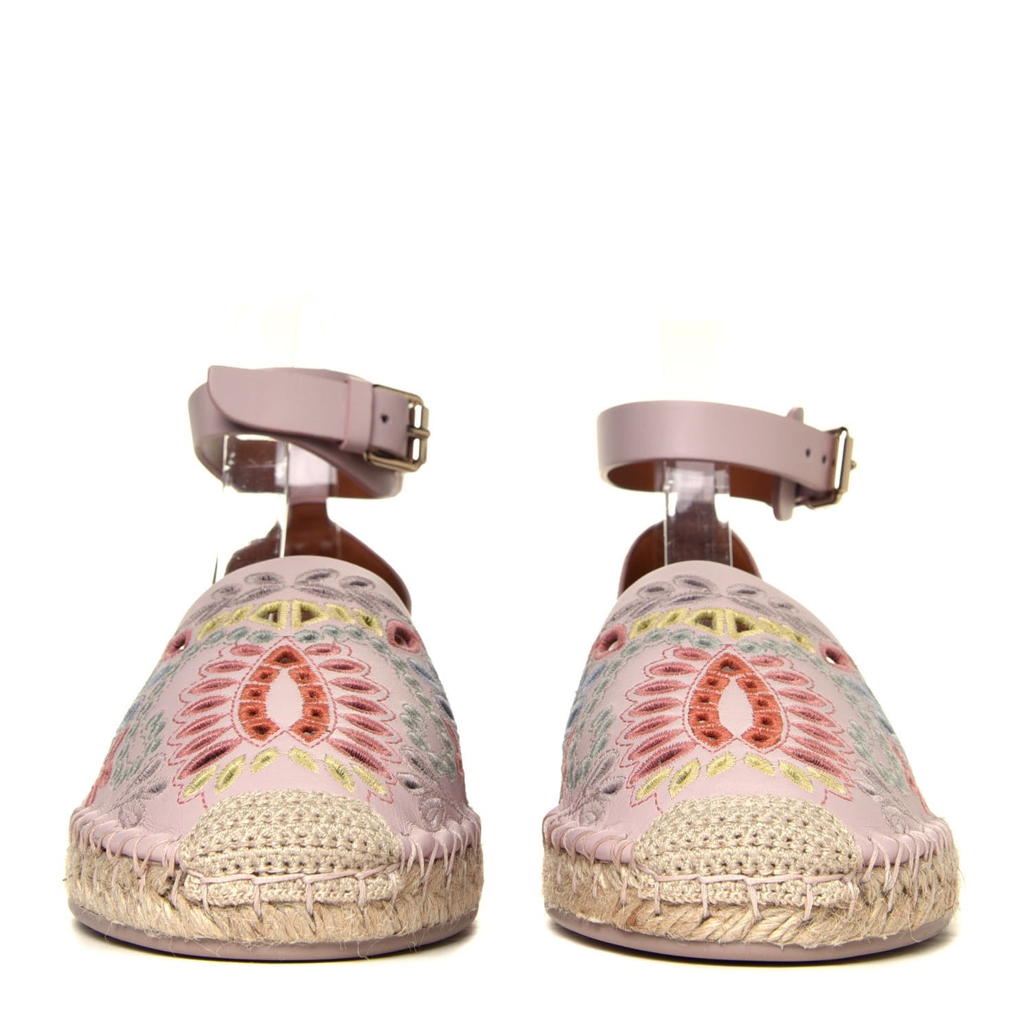 Calfskin Embroidered Cutout Ajour Ankle Wrap Espadrilles 38 Water Rose