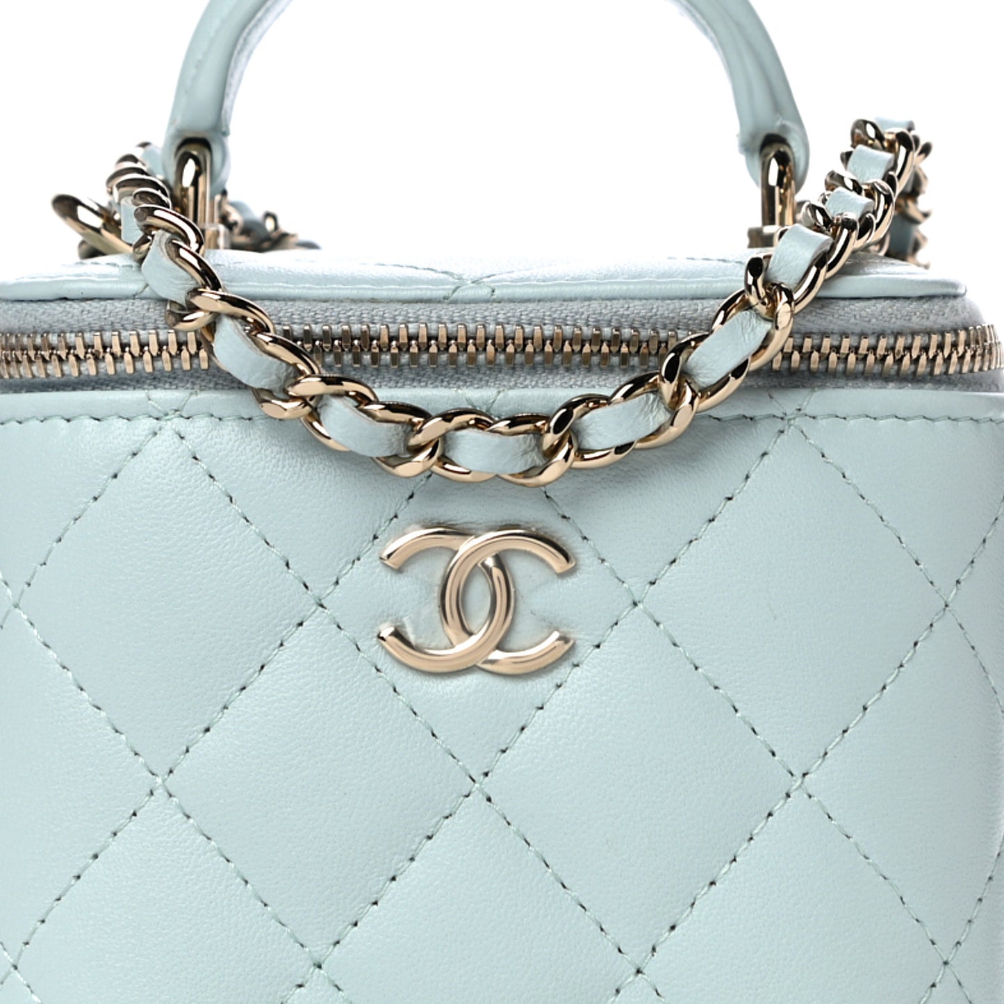 Lambskin Quilted Top Handle Mini Vanity Case With Chain Light Blue