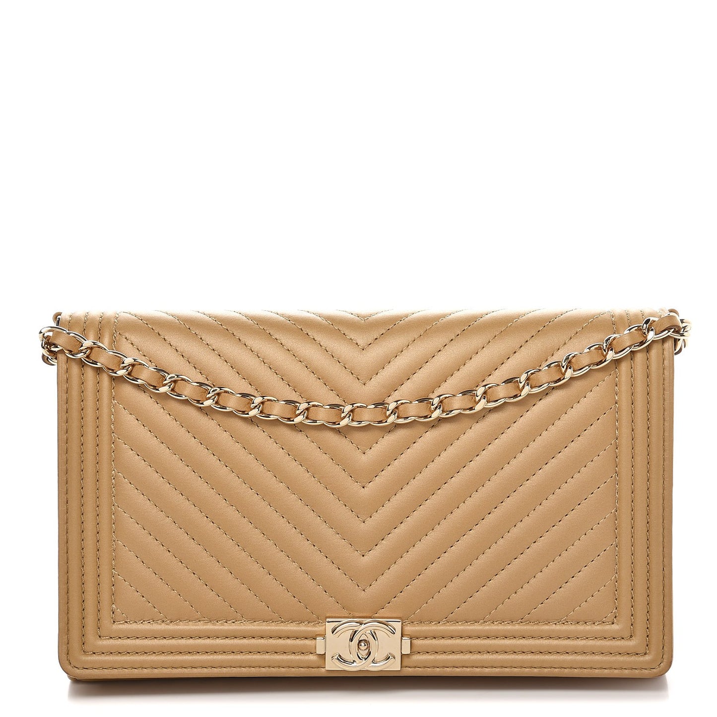 Calfskin Chevron Quilted Boy Wallet On Removable Chain WOC Dark Beige