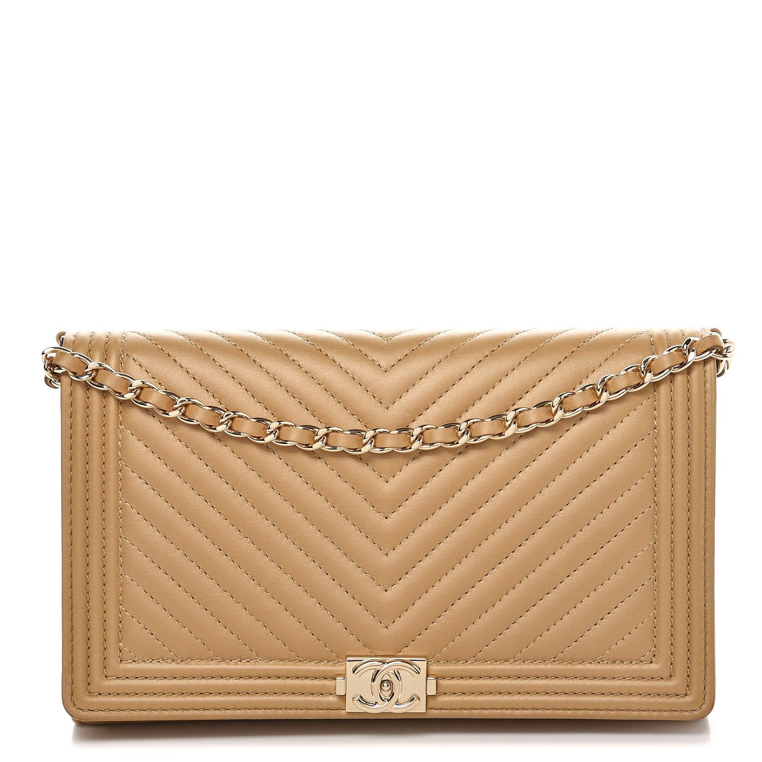 Chanel Calfskin Chevron Quilted Boy Wallet On Removable Chain WOC Dark Beige 1 of 11