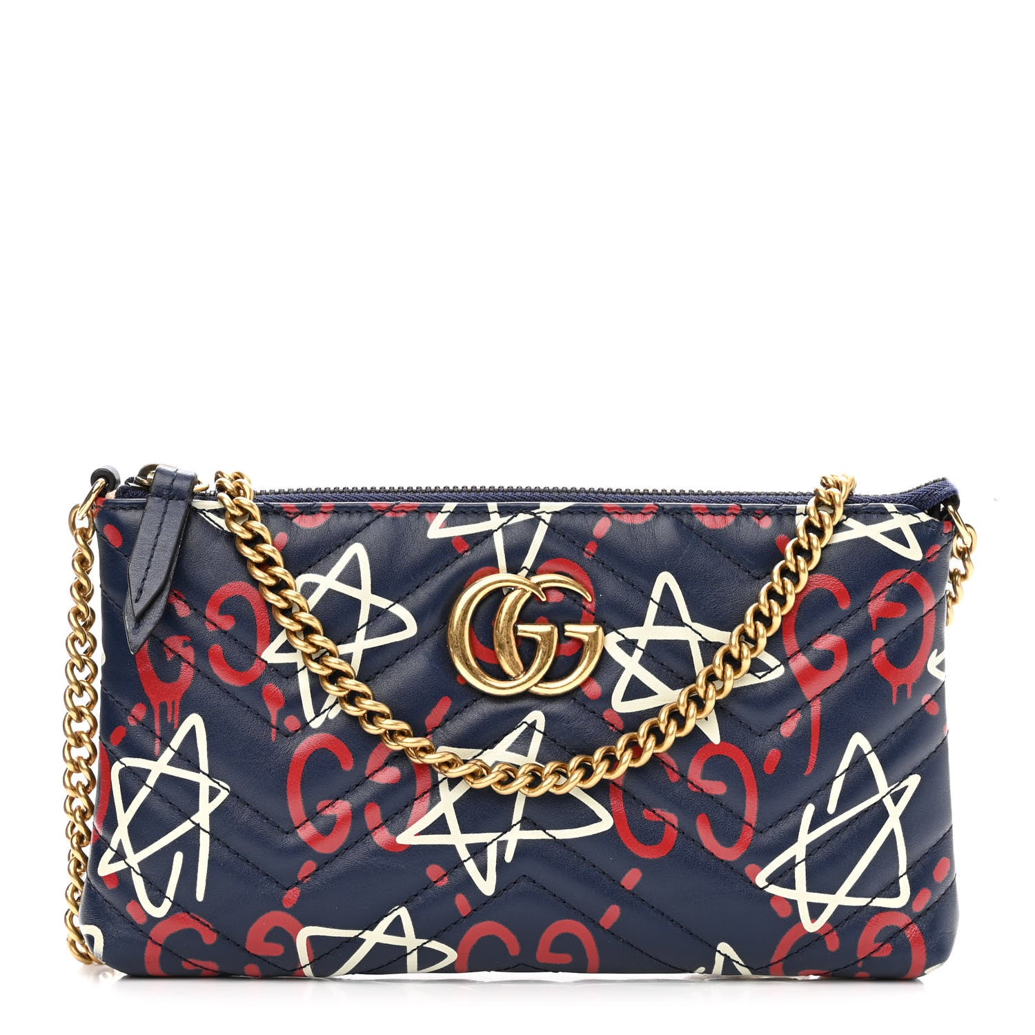 Gucci Calfskin Matelasse GucciGhost Mini GG Marmont Chain Bag Blue Agata Hibiscus Red 1 of 9