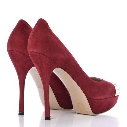 Valentino Garavani Suede Rockstud Cap Toe Platform Pumps 40 Red Gold 4 of 20