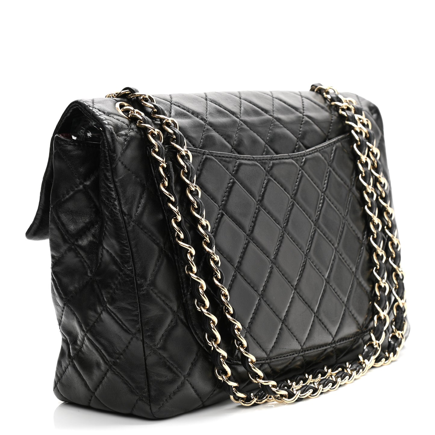 Washed Lambskin Quilted Maxi Single Flap Black