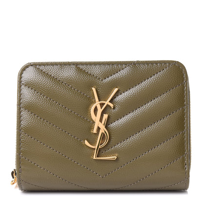 Saint Laurent Grain De Poudre Matelasse Chevron Monogram Compact Zip Around Wallet Vert Kaki 1 of 9