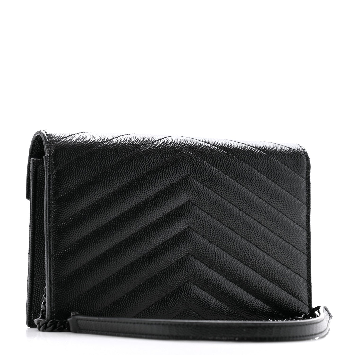 Saint Laurent Grain De Poudre Matelasse Chevron Monogram Monochrome Envelope Chain Wallet Black 3 of 14