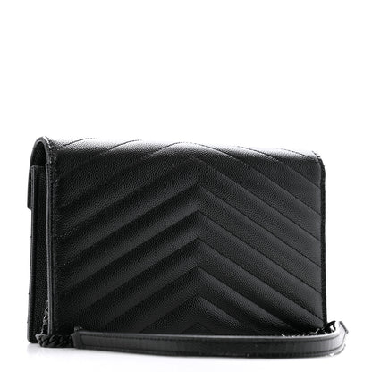 Saint Laurent Grain De Poudre Matelasse Chevron Monogram Monochrome Envelope Chain Wallet Black 3 of 14