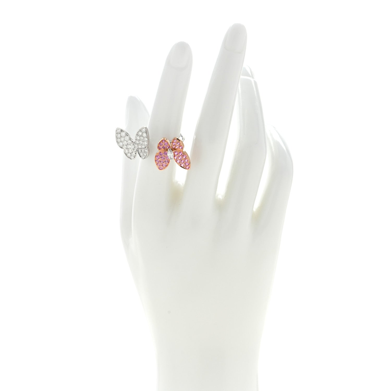 Van Cleef & Arpels 18K White Rose Gold Diamond Pink Sapphire Two Butterfly Between The Finger Ring 54 7 2 of 4