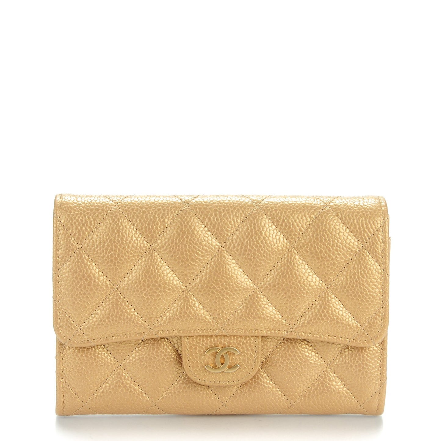 Pearly Caviar Quilted Small Flap Wallet Gold