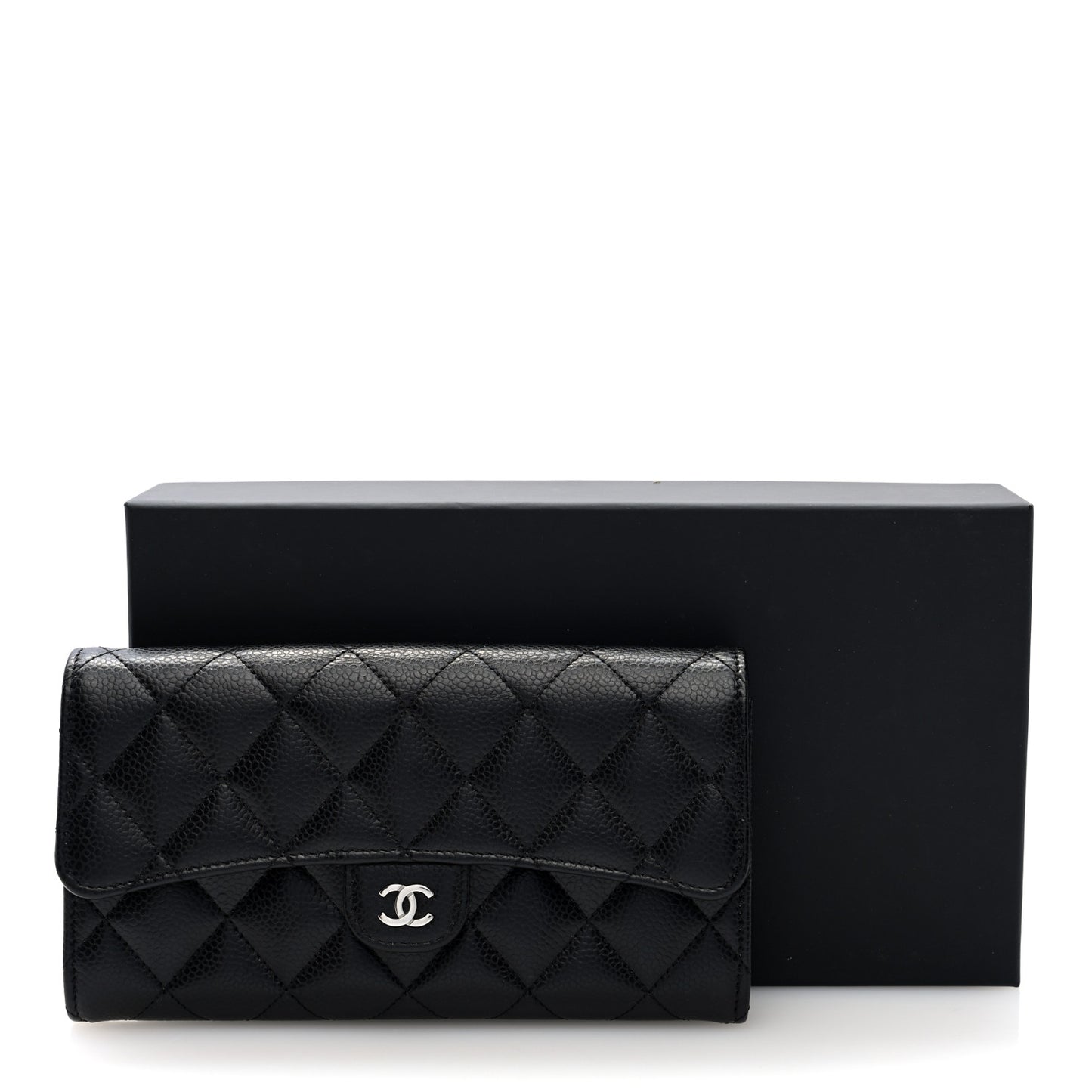 Caviar Quilted Large Gusset Flap Wallet Black