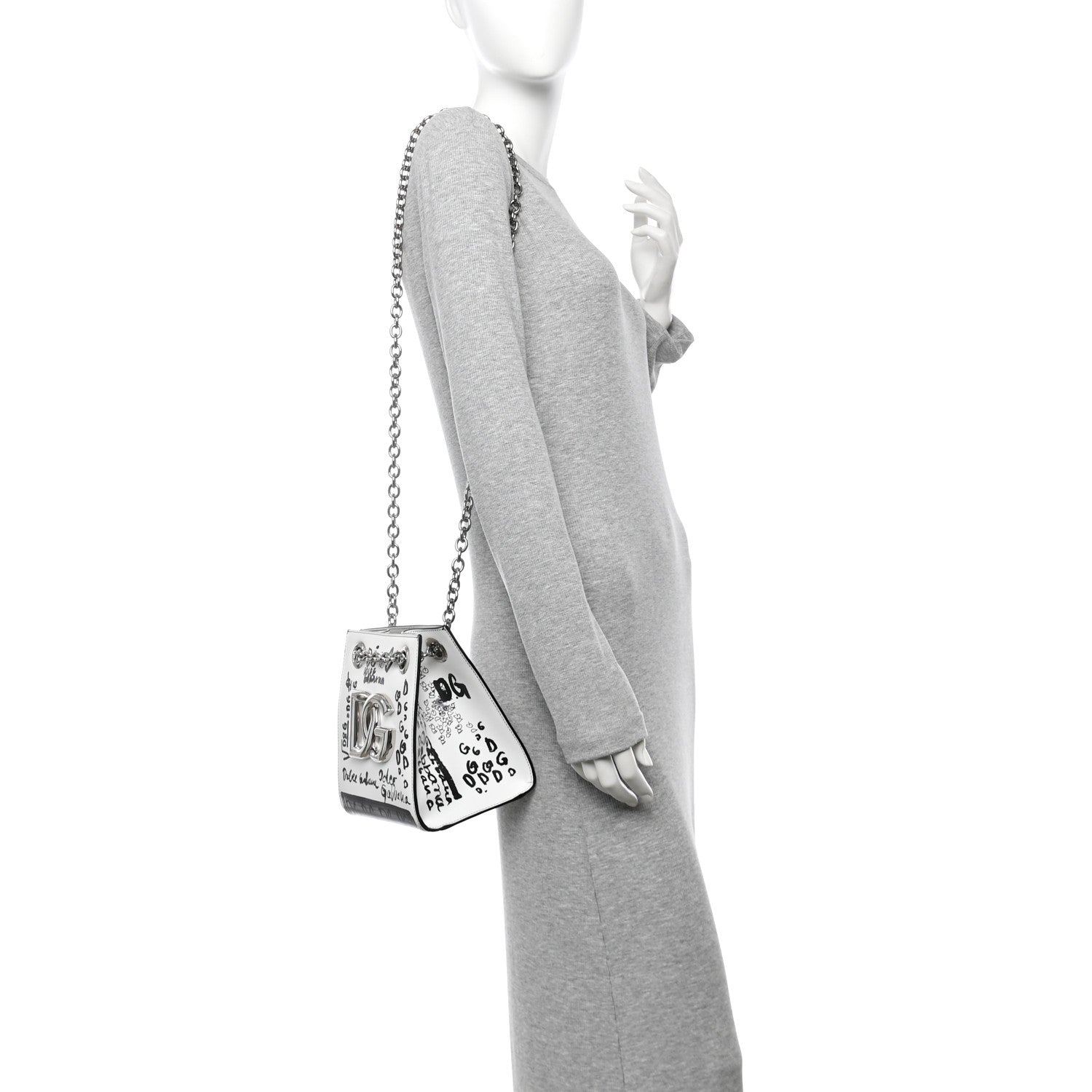 Dolce & Gabbana Calfskin DG Graffiti Print Chain Shoulder Bag White Black 3 of 10