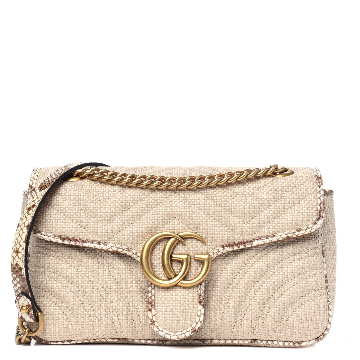 Raffia Elaphe Matelasse Small GG Marmont Shoulder Bag Natural Cream Brown