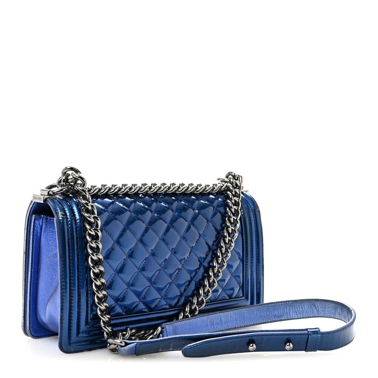Chanel Metallic Patent Quilted Medium Boy Flap Blue 3 of 15