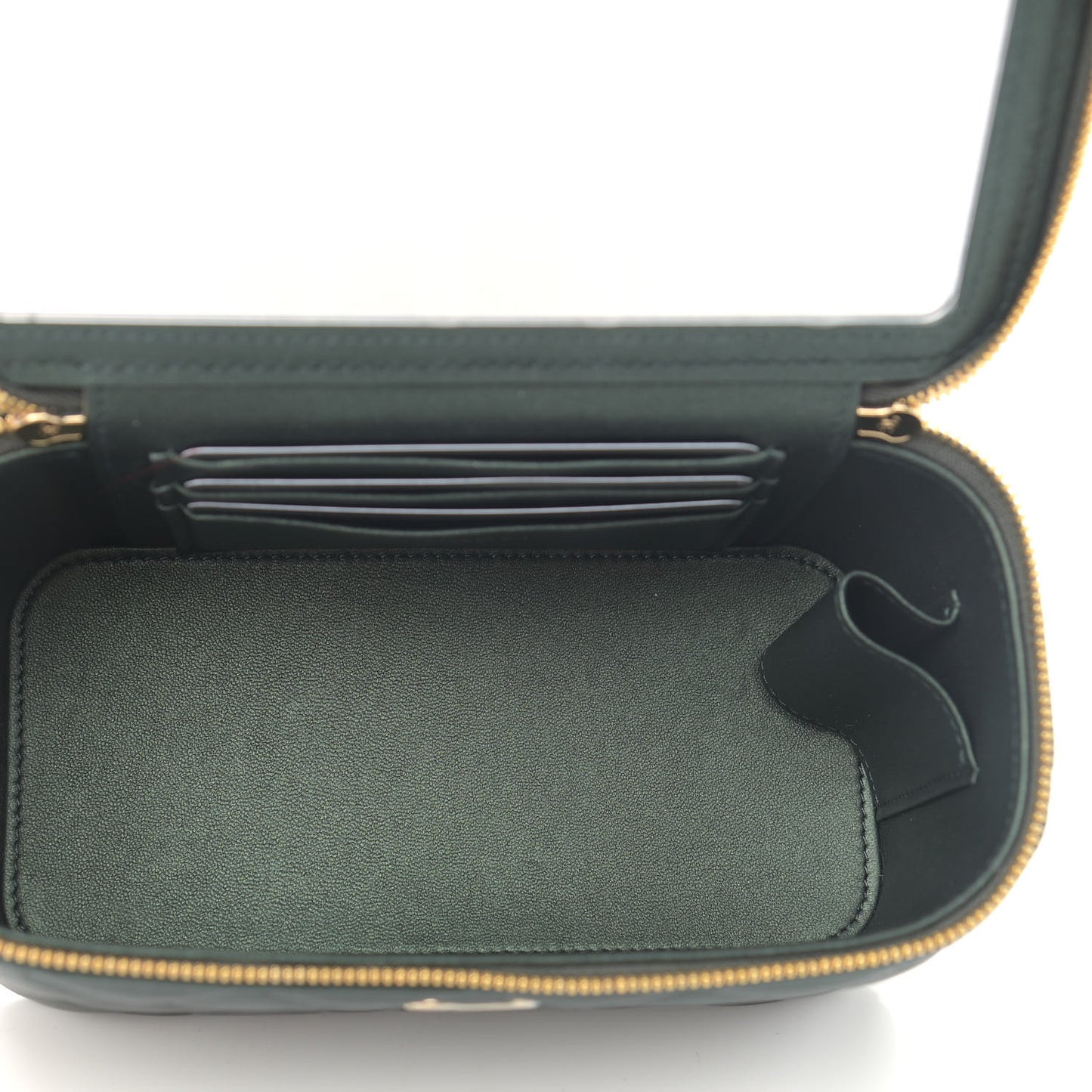 Iridescent Lambskin Quilted Small Top Handle Vanity Case With Chain Dark Green