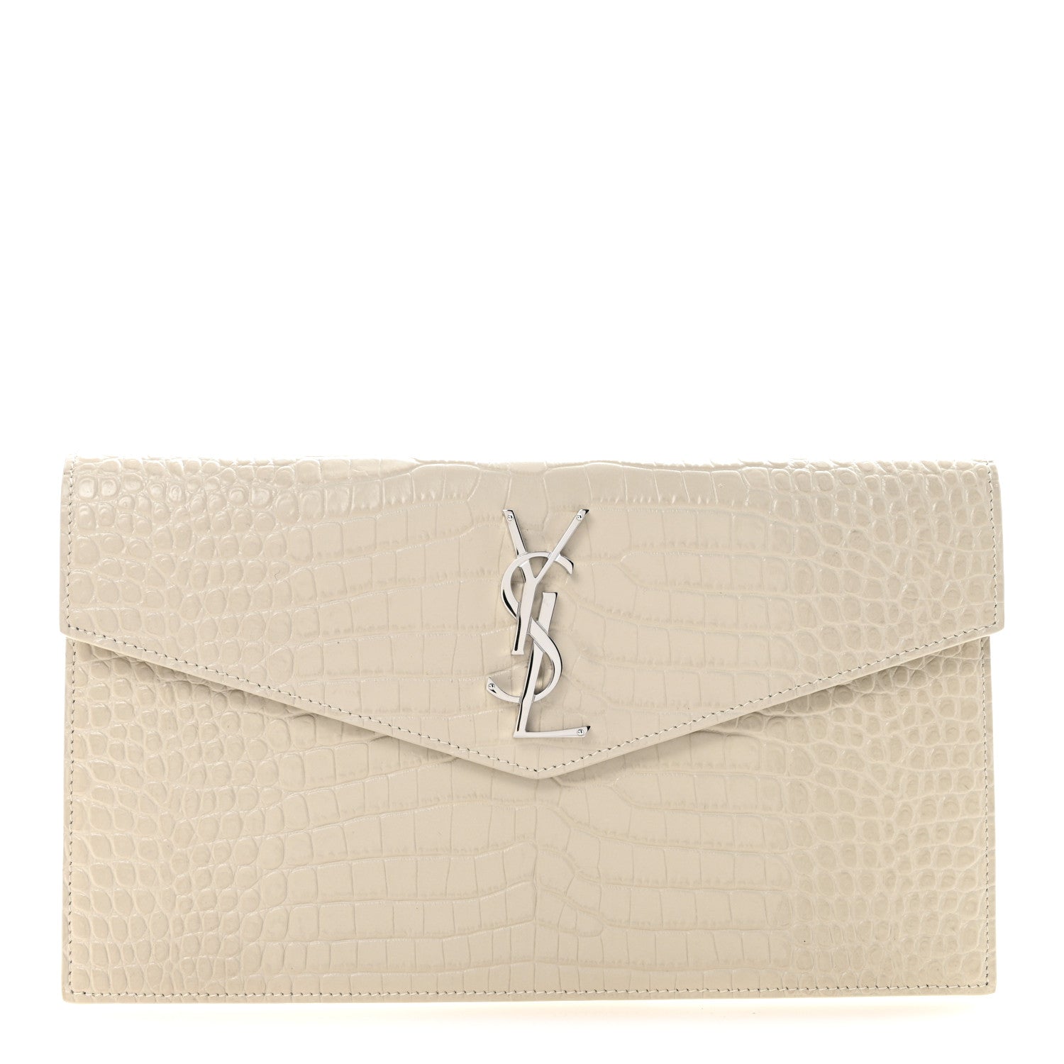Saint Laurent Calfskin Crocodile Embossed Uptown Monogram Pouch Crema Soft 1 of 6