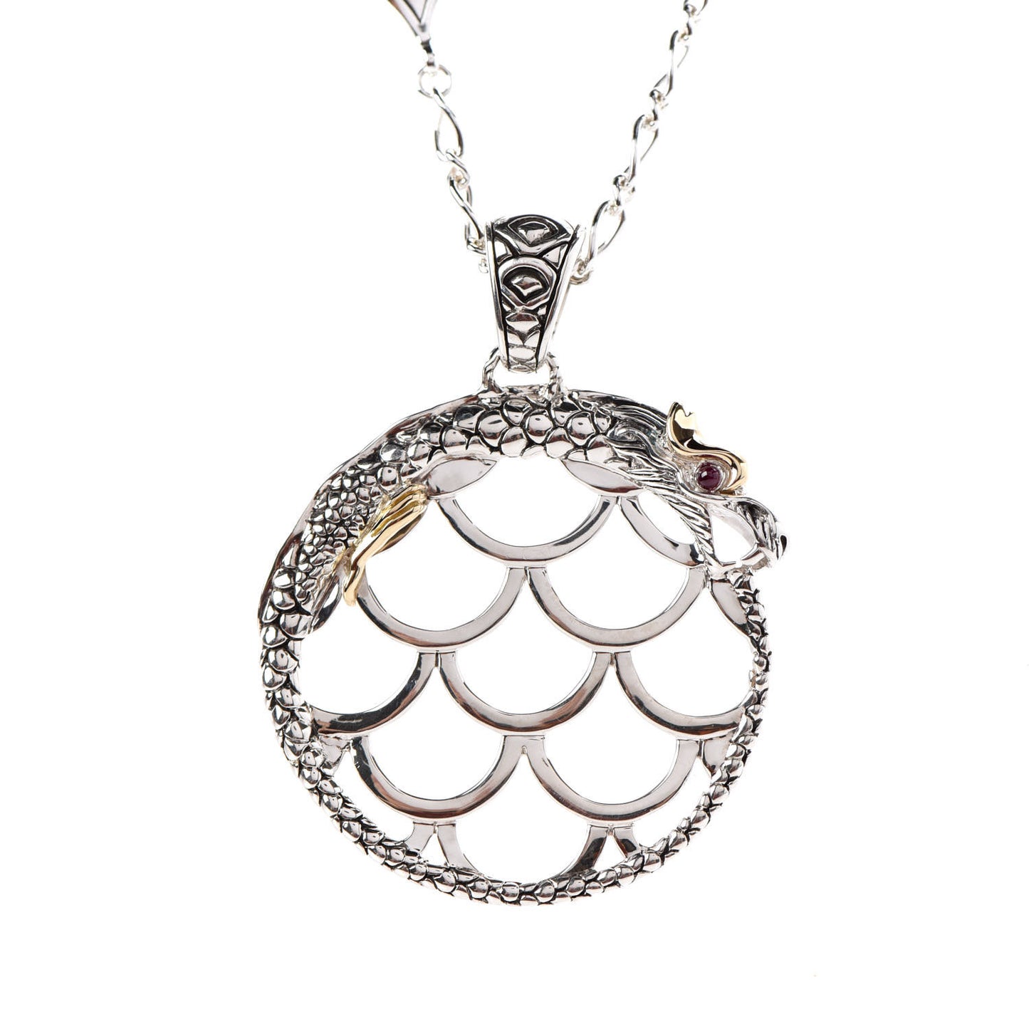 Sterling Silver 18K Gold Ruby Naga Round Pendant Necklace