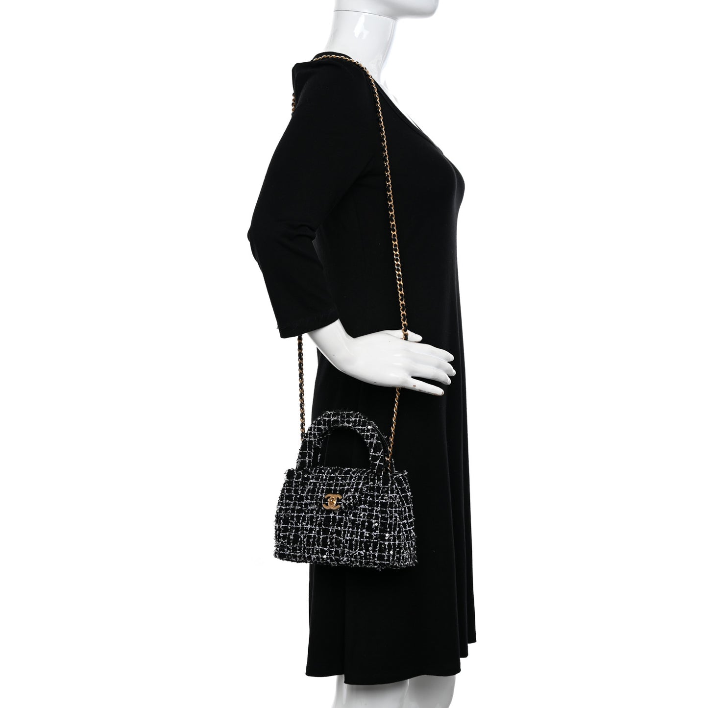 Tweed Quilted Nano Kelly Shopper Black White