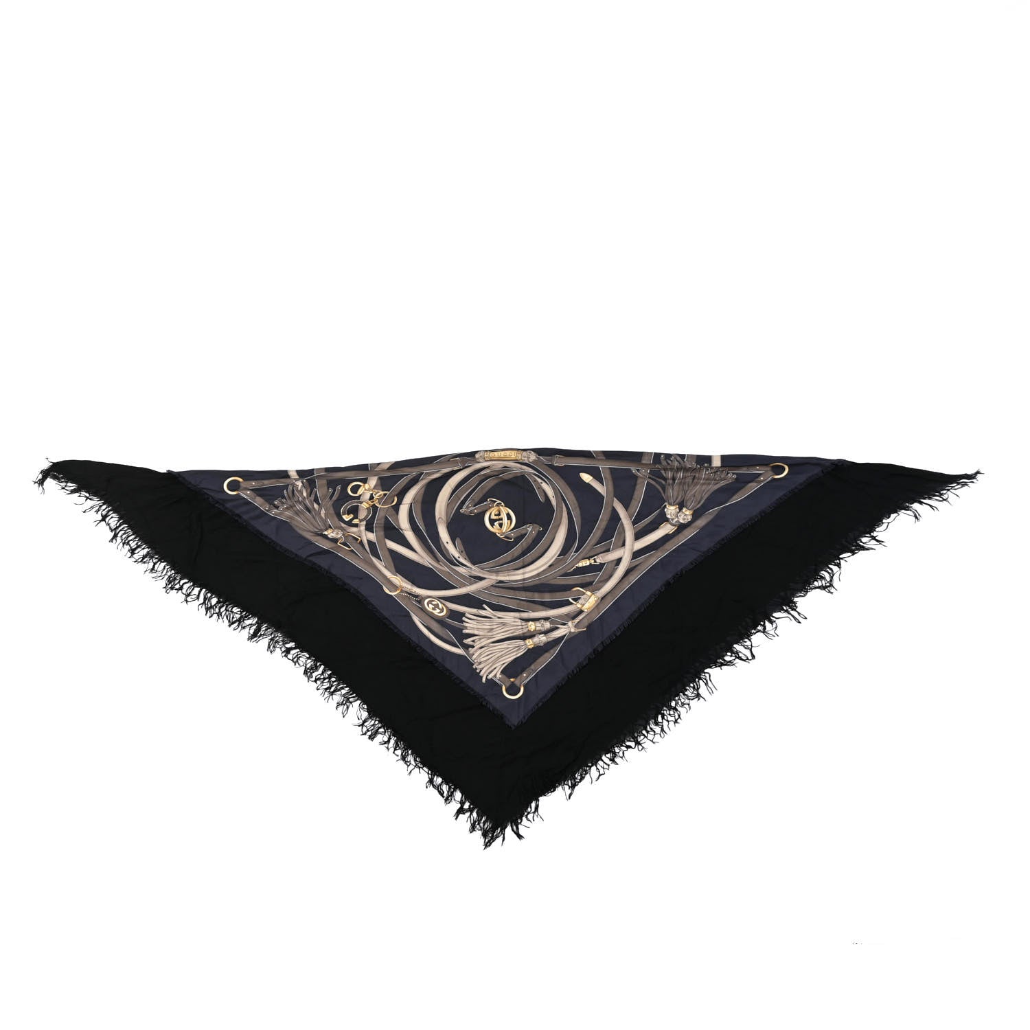 Gucci Modal Cashmere Silk Tassel Print Fringe Shawl Black Navy 1 of 3