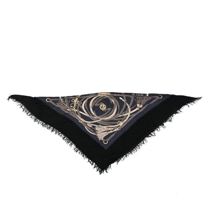 Gucci Modal Cashmere Silk Tassel Print Fringe Shawl Black Navy 1 of 3