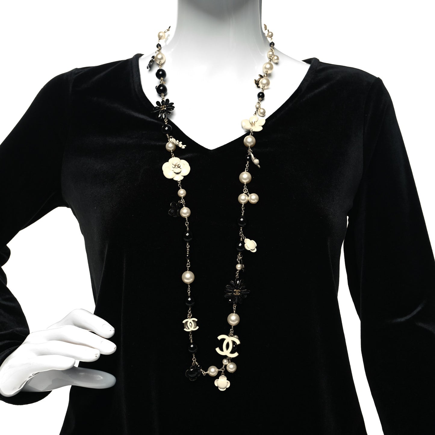 Pearl Camellia CC Long Necklace Gold Black
