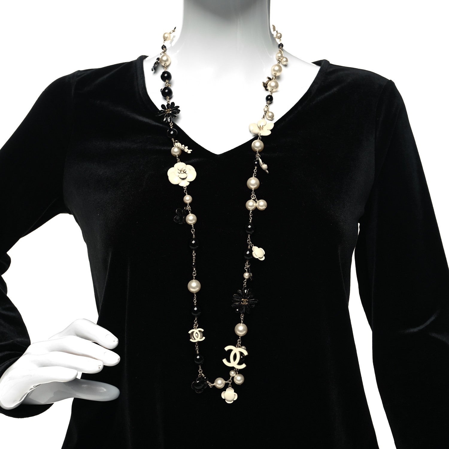Chanel Pearl Camellia CC Long Necklace Gold Black 2 of 5