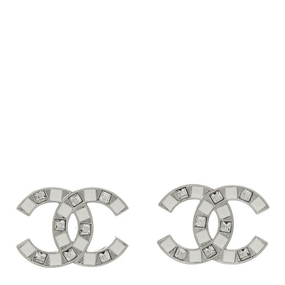 Chanel Crystal Enamel CC Earrings Silver White 1 of 5