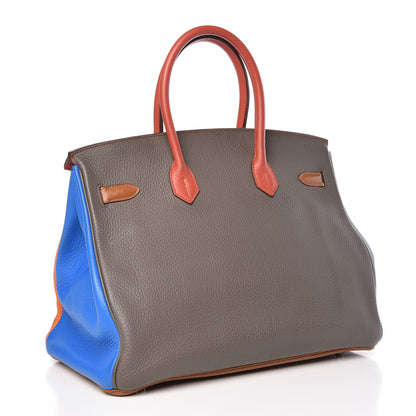 Hermes Taurillon Clemence Arlequin Birkin 35 Orange Sanguine Gold Bleu Lin Bleu Hydra Etain 3 of 35