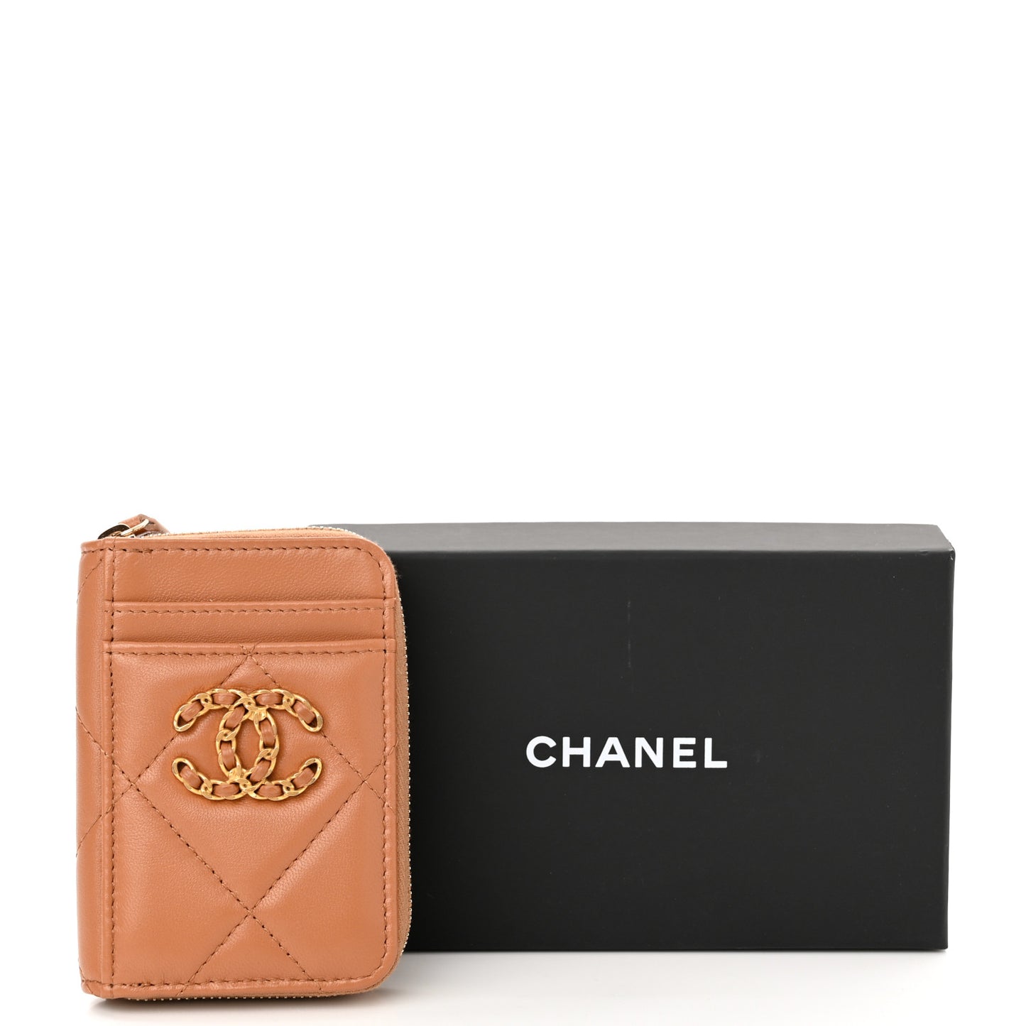 Lambskin Quilted Chanel 19 Vertical Zip Card Holder Wallet Brown