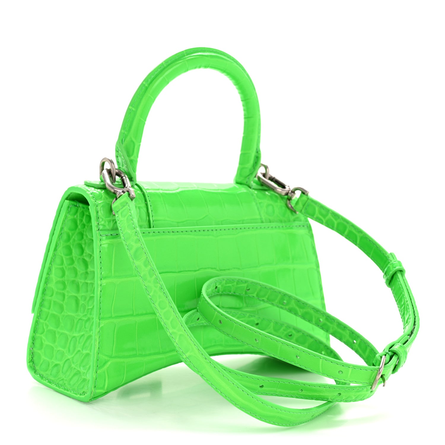 Balenciaga Shiny Calfskin Strass Crocodile Embossed Hourglass Top Handle Bag XS Fluo Green 3 of 14