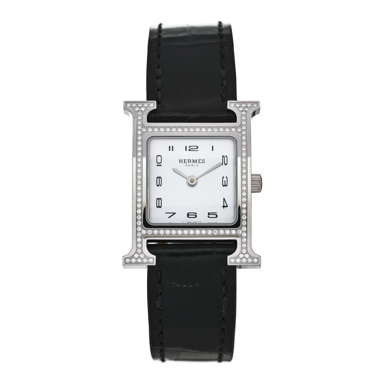 Hermes Stainless Steel Alligator Diamond Bezel Mother of Pearl 21mm Heure H Hour Quartz Watch Noir 1 of 5