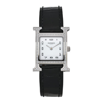 Hermes Stainless Steel Alligator Diamond Bezel Mother of Pearl 21mm Heure H Hour Quartz Watch Noir 1 of 5
