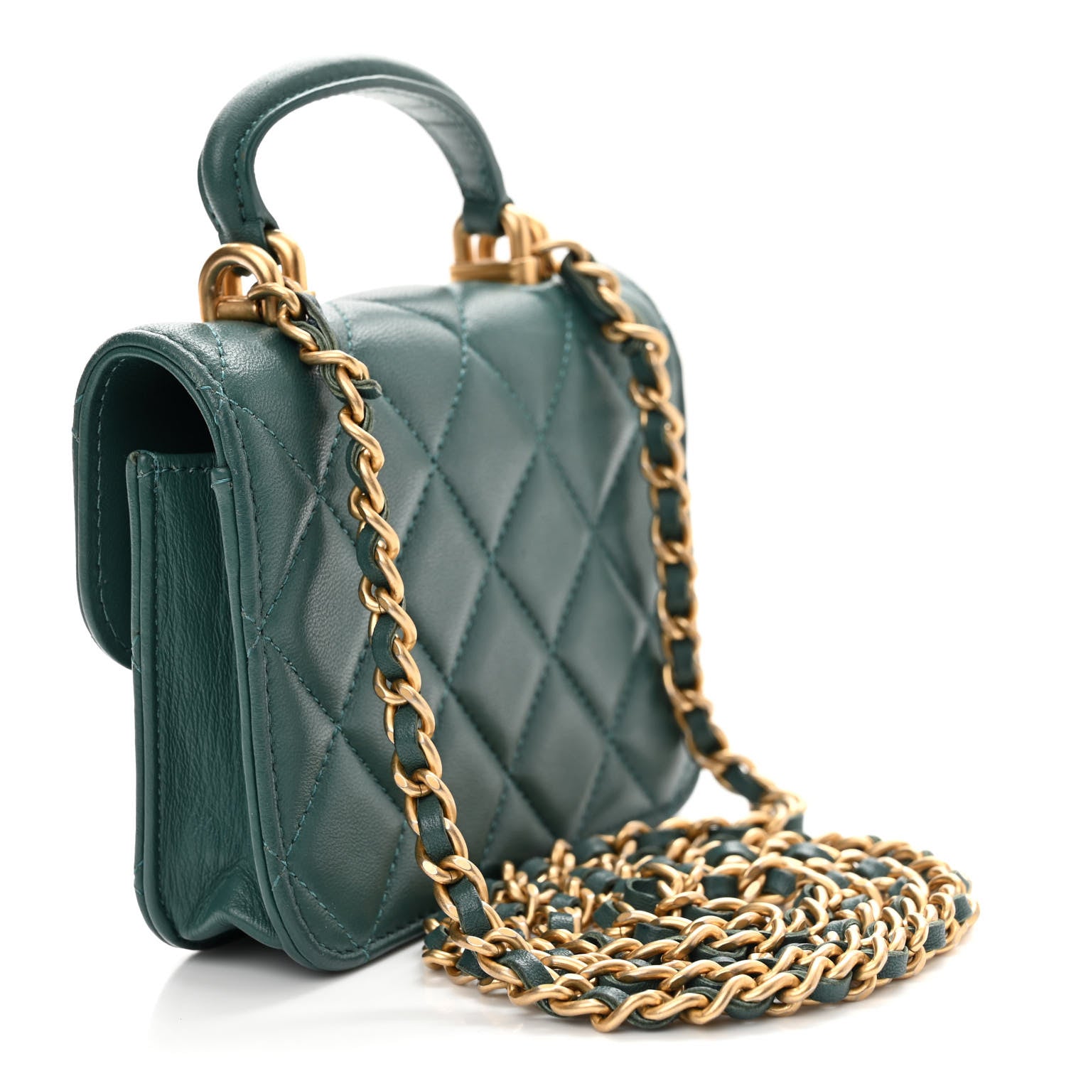 Chanel Lambskin Quilted Top Handle Flap Coin Purse With Chain Green 3 of 12