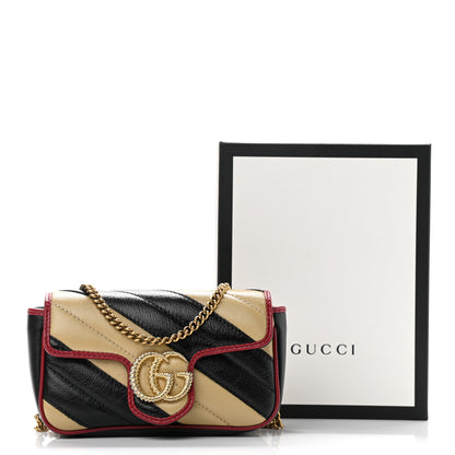 Gucci Vintage Effect Calfskin Matelasse Diagonal Striped Super Mini Torchon GG Marmont Shoulder Bag Black Beige 11 of 11