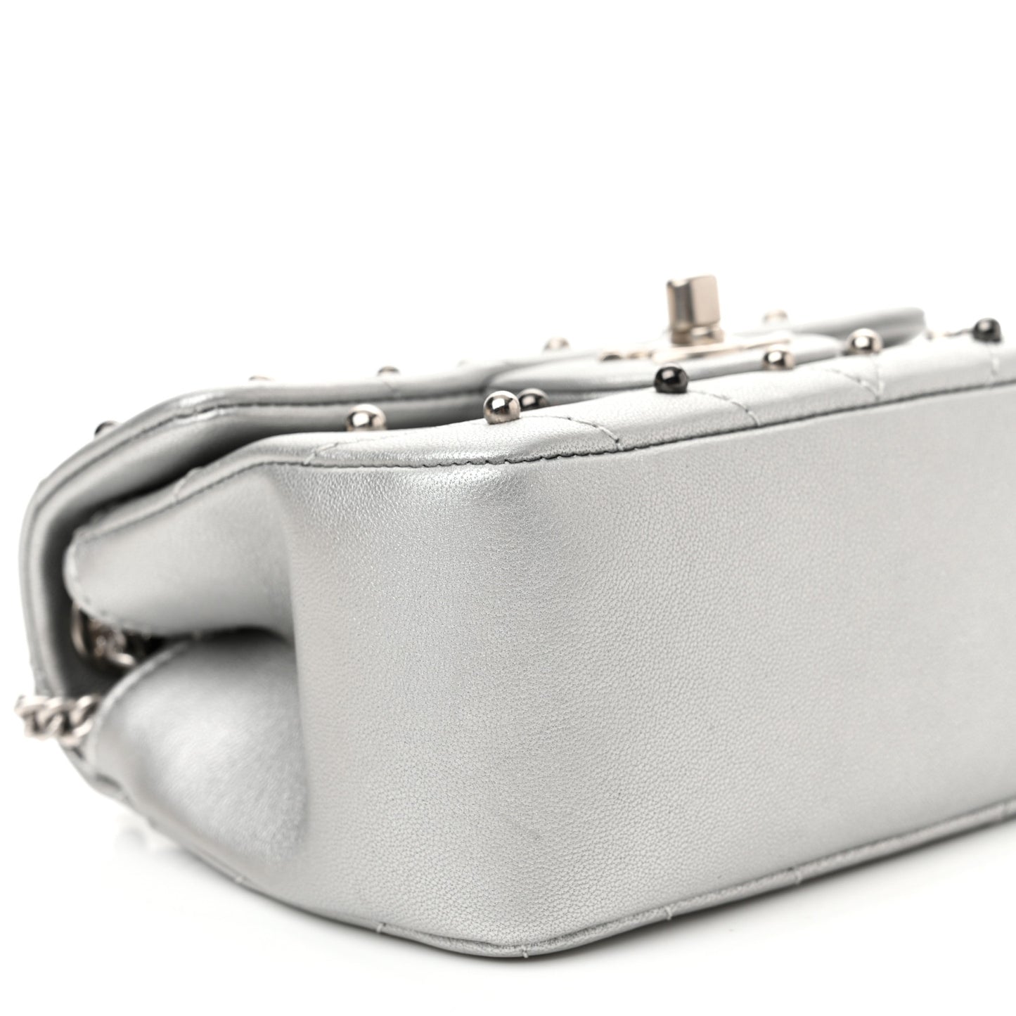 Metallic Lambskin Chevron Quilted Studded Extra Mini Flap Silver