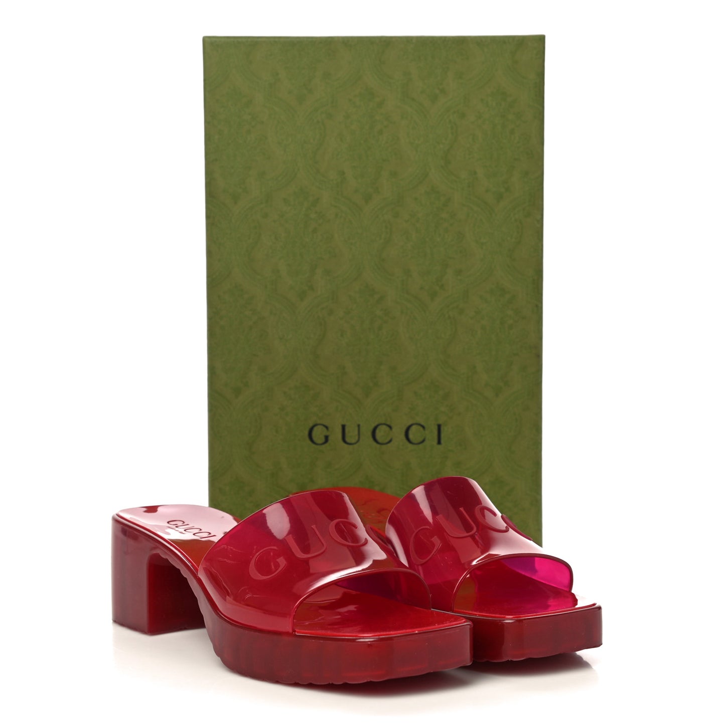Rubber Gucci Logo Womens Platform 20/60mm Slide Sandals 37 Transparent Hibiscus Red