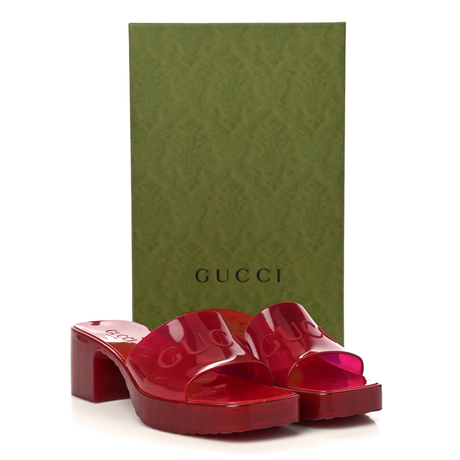 Gucci Rubber Gucci Logo Womens Platform 20/60mm Slide Sandals 37 Transparent Hibiscus Red 9 of 9