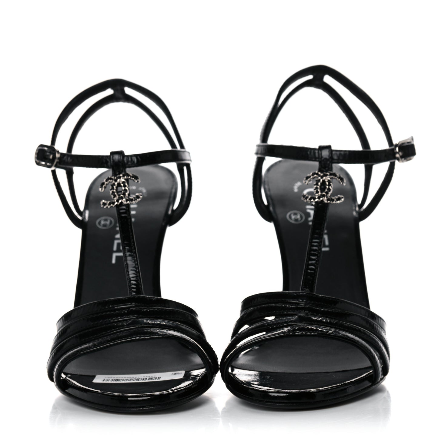 Patent Goatskin Chain CC Wedge Sandals 38 Black