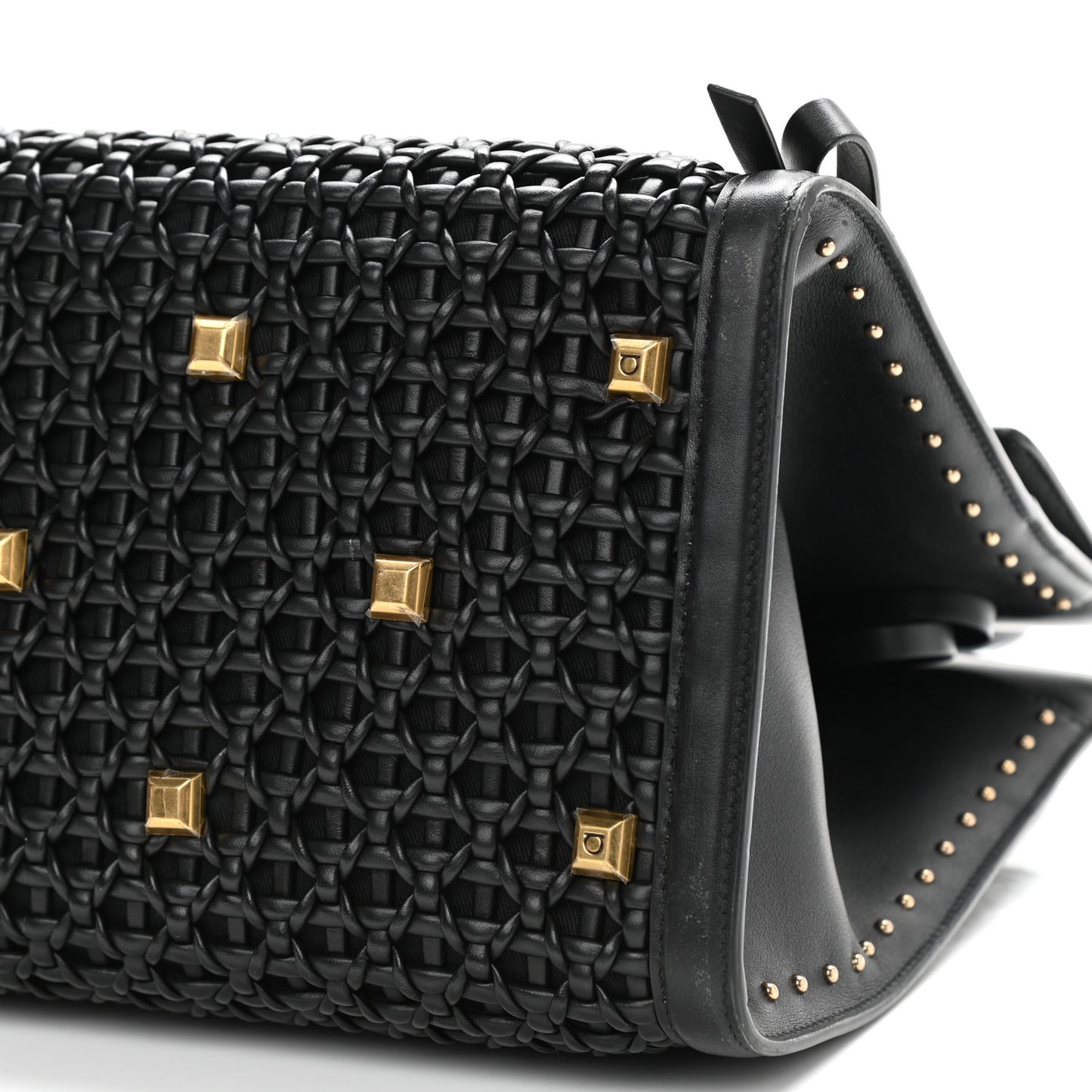 Woven Calfskin Medium Studio Top Handle Bag Black
