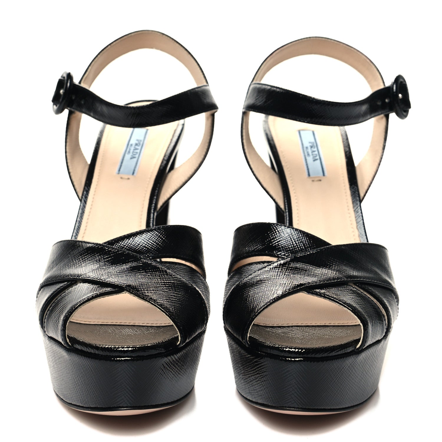 Prada Vernice Saffiano Embossed Crisscross 125mm Platform Sandals 39 Black 2 of 8