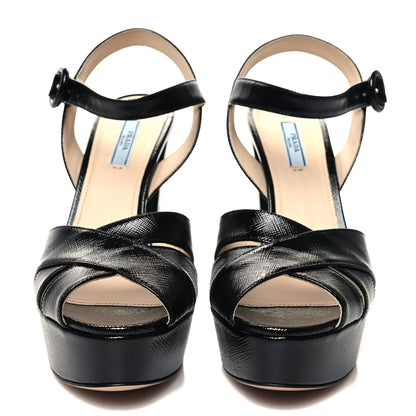 Prada Vernice Saffiano Embossed Crisscross 125mm Platform Sandals 39 Black 2 of 8
