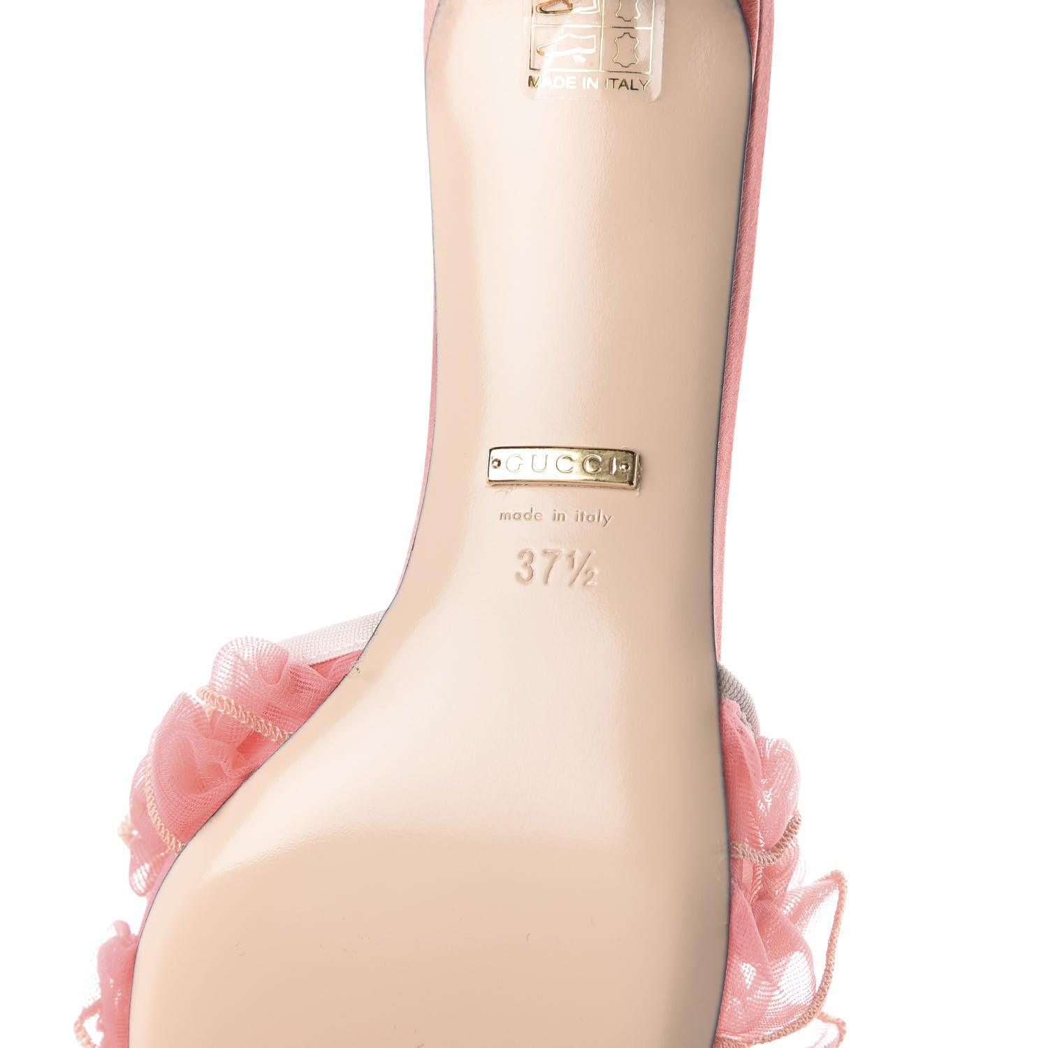 Gucci Tulle Ruffle Low Heel Slide Sandals 37.5 Peach White 7 of 10