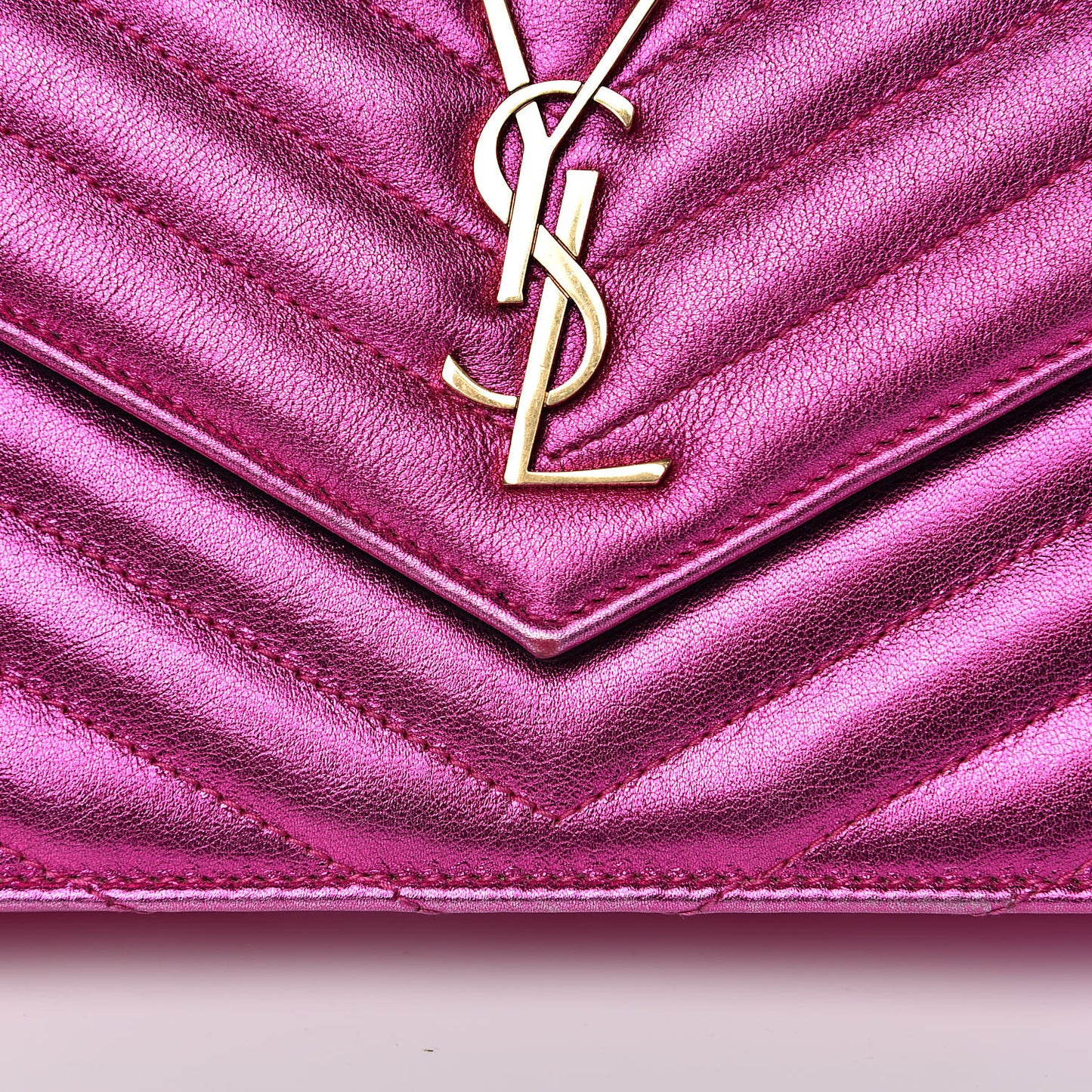 Metallic Calfskin Matelasse Chevron Monogram Envelope Chain Wallet Fuchsia