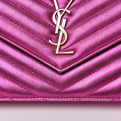 Saint Laurent Metallic Calfskin Matelasse Chevron Monogram Envelope Chain Wallet Fuchsia 9 of 13