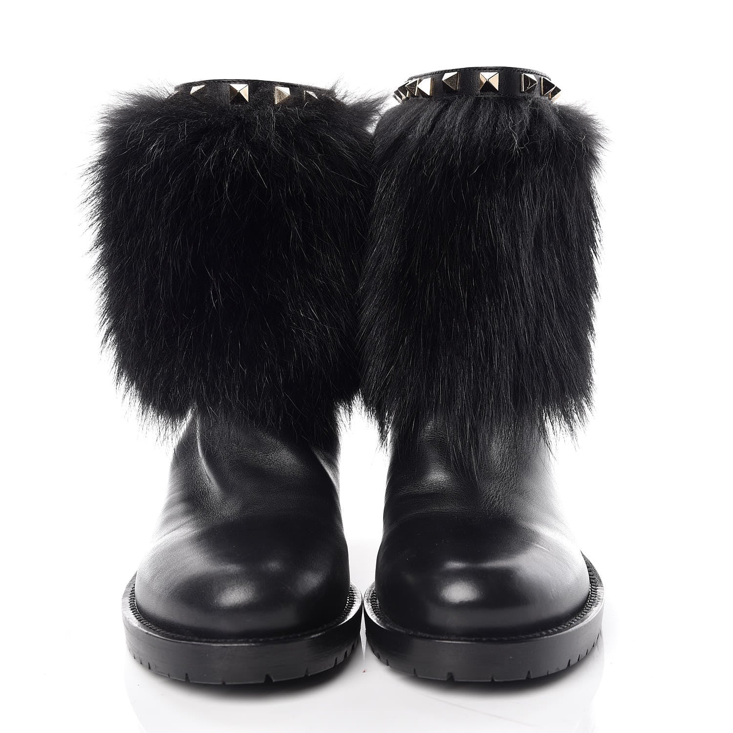 Valentino Garavani Calfskin Fox Fur Rockstud Winter Boots 38 Black 2 of 7