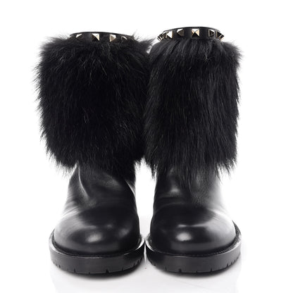 Valentino Garavani Calfskin Fox Fur Rockstud Winter Boots 38 Black 2 of 7