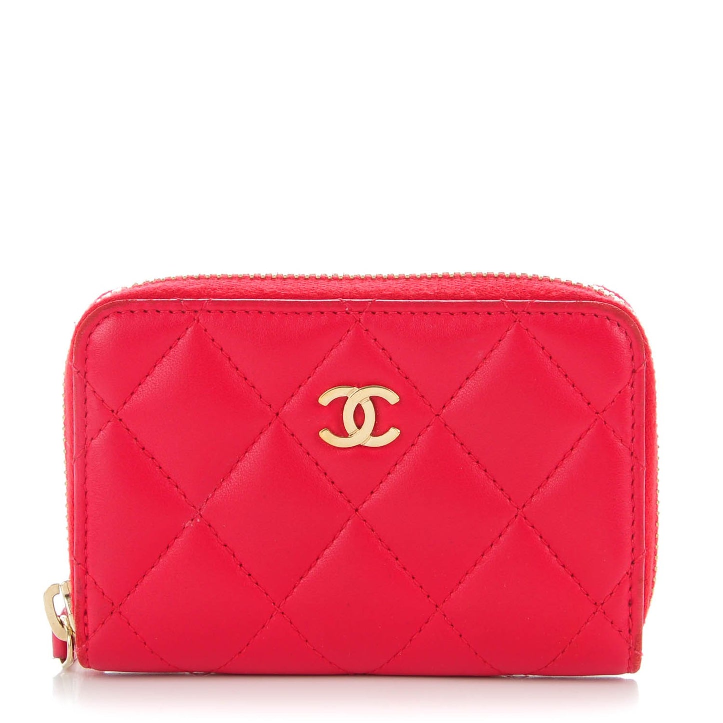 Lambskin Quilted Zip Around Coin Purse Wallet Red